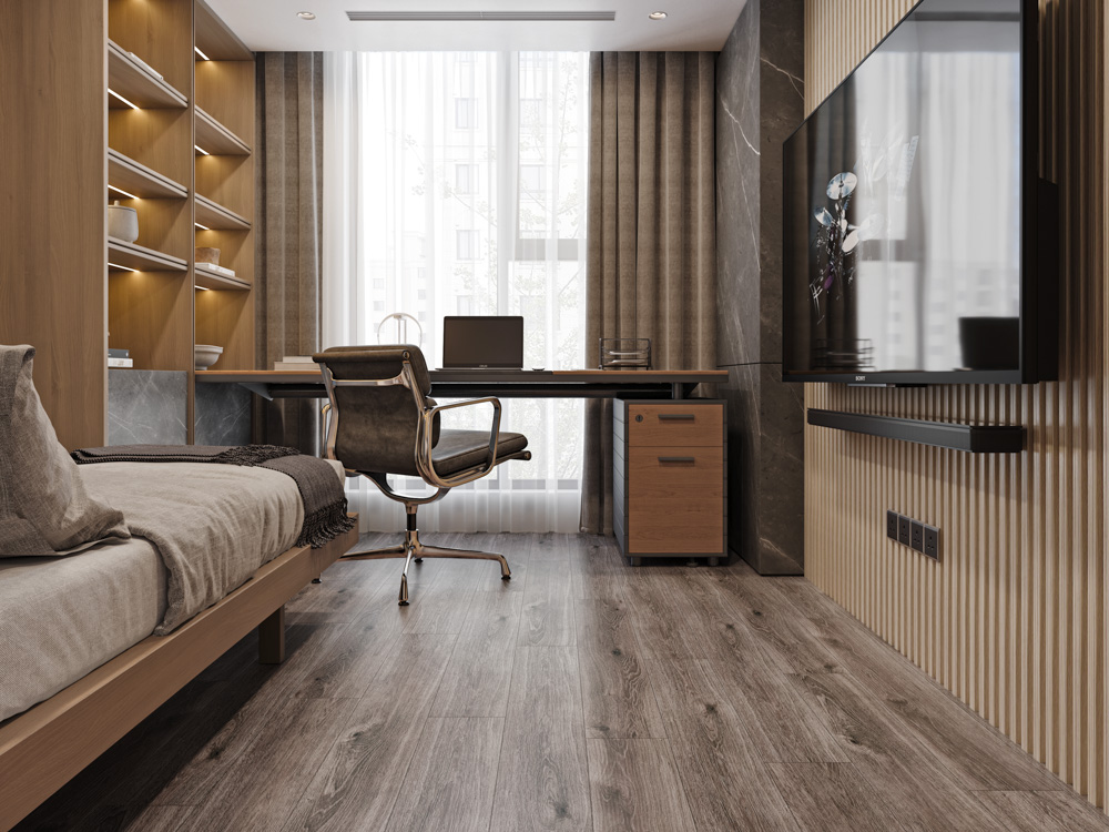 Кварцвиниловый SPC ламинат Cronafloor Wood Дуб Хельсинки ZH-81126-3 1200×180×4 фото в интерьере